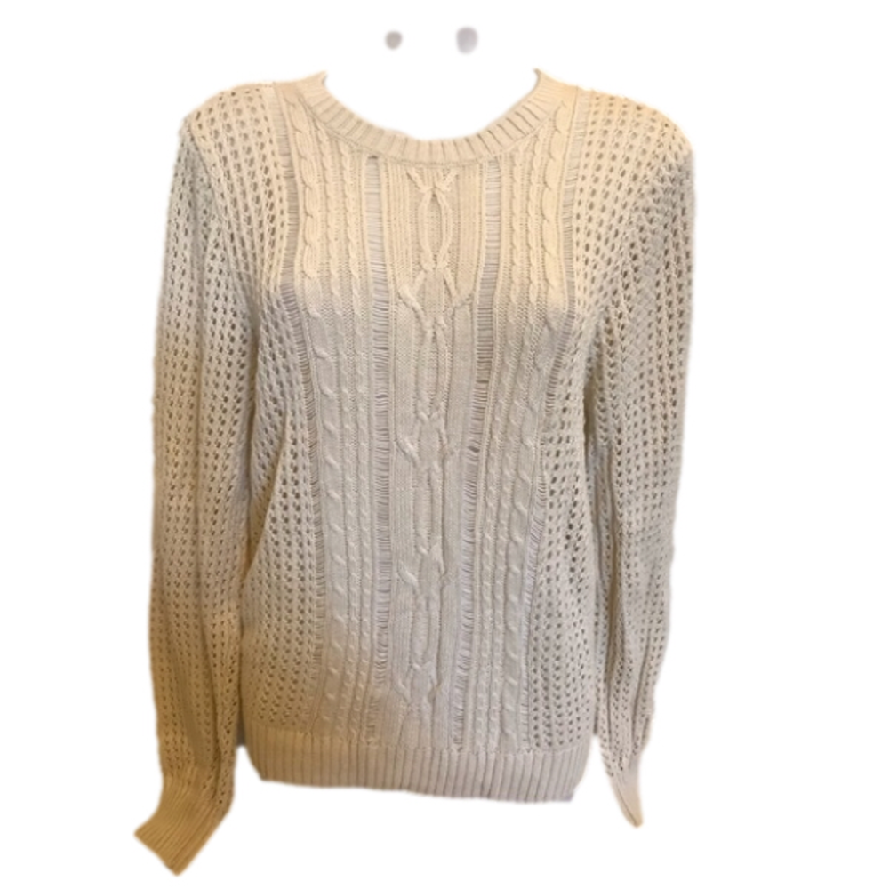 Jeanne Pierre Cream Crew Neck Cable knit Sweater